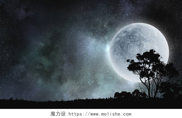 满月背景下树的剪影天空中的满月。混合媒体